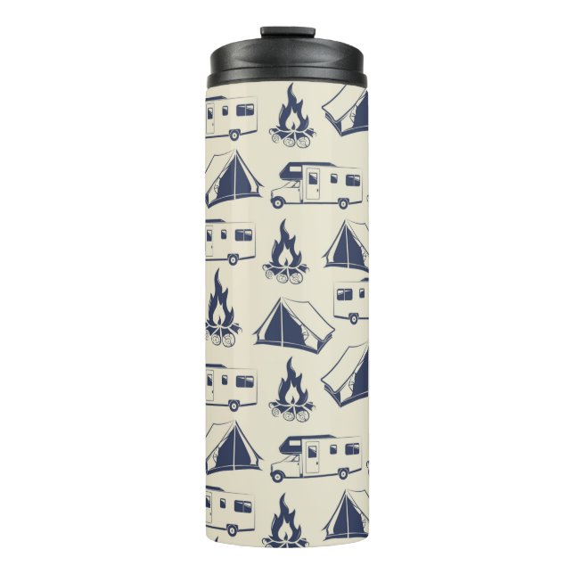 Niedlicher RV-Campingzelt und Campfire-Muster Thermosbecher (Vorderseite)