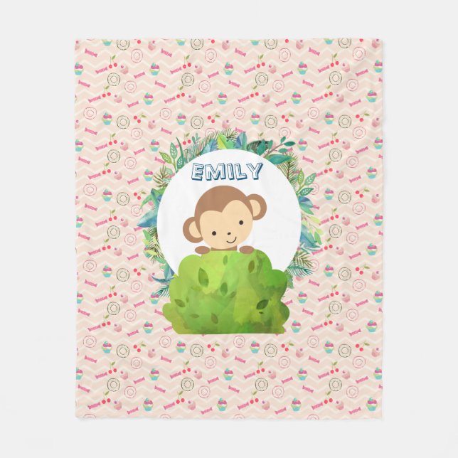 Niedlicher Safari-Affe auf Candy Pattern Personali Fleecedecke (Vorderseite)