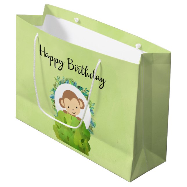 Niedlicher Safari-Affe Happy Birthday Große Geschenktüte (Vorderseite Schrägansicht)