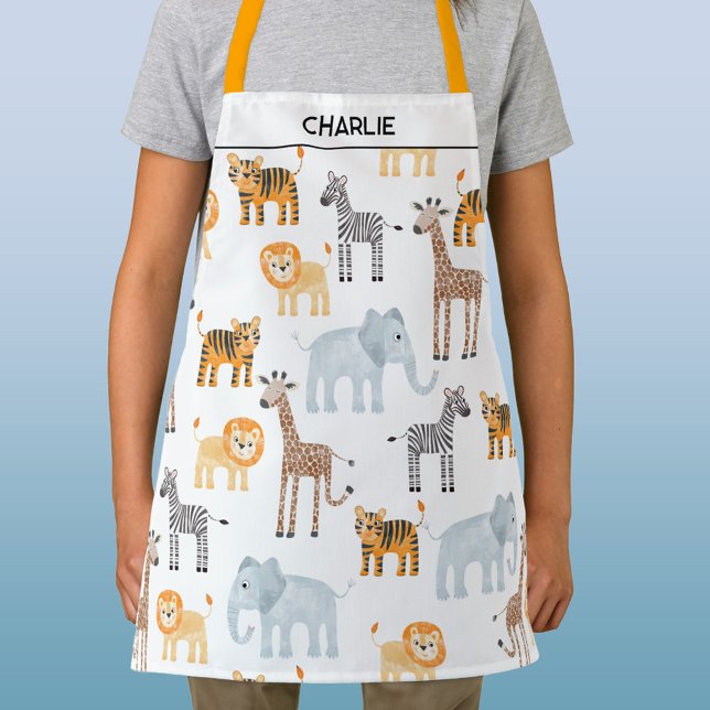 Niedlicher Safari Tierfarbname Personalisierter Na Schürze (Personalized custom name fun baby safari animal apron with watercolor lion, tiger, zebra and more)