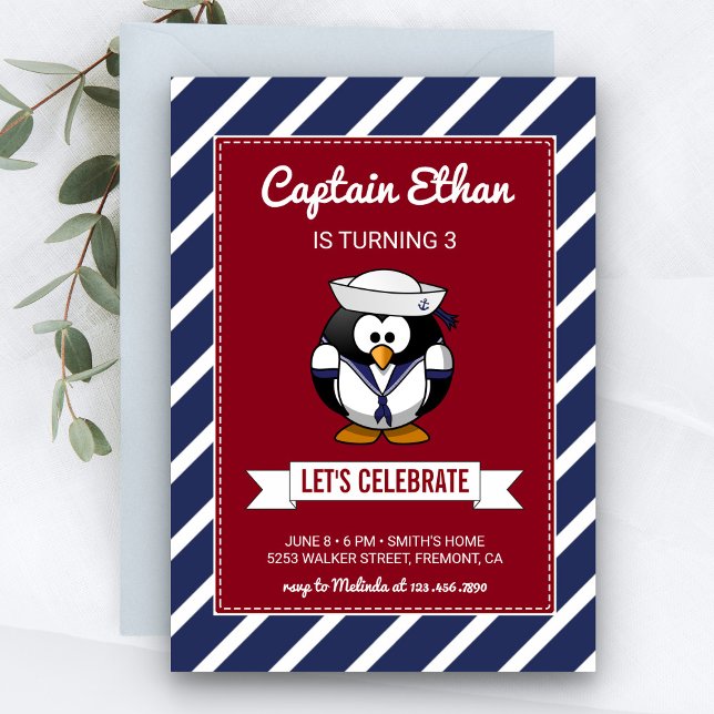 Niedlicher Sailor Pinguin Nautical Birthday Einlad Einladung (Von Creator hochgeladen)