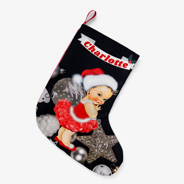 Niedlicher Sankt-Baby-Mädchen-roter silberner Kleiner Weihnachtsstrumpf (Vorderansicht (hängend))