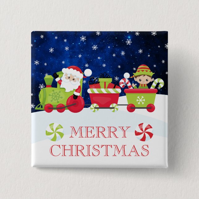 Niedlicher Santa and Elf Train Frohe Weihnachten Button (Vorderseite)