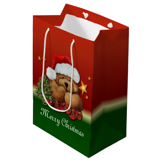 Niedlicher Santa Bear Mittelweihnachtsbeutel Mittlere Geschenktüte (Vorderseite Schrägansicht)