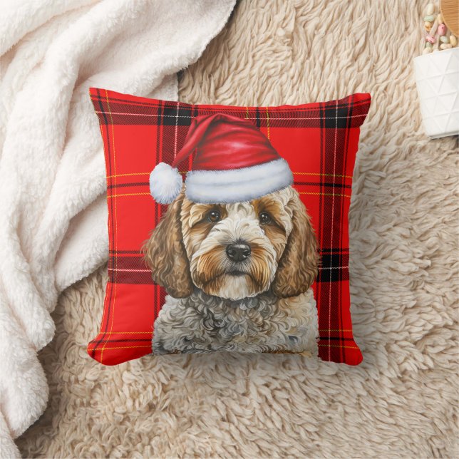 Niedlicher Santa Cockapoo Hund auf Karierten Weihn Kissen (Decke)