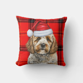 Niedlicher Santa Cockapoo Hund auf Karierten Weihn Kissen