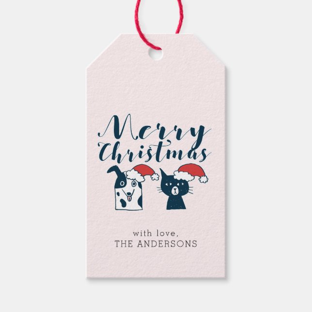 Niedlicher Santa Dog & Cat Doodle | Name hinzufüge Geschenkanhänger (Vorderseite)