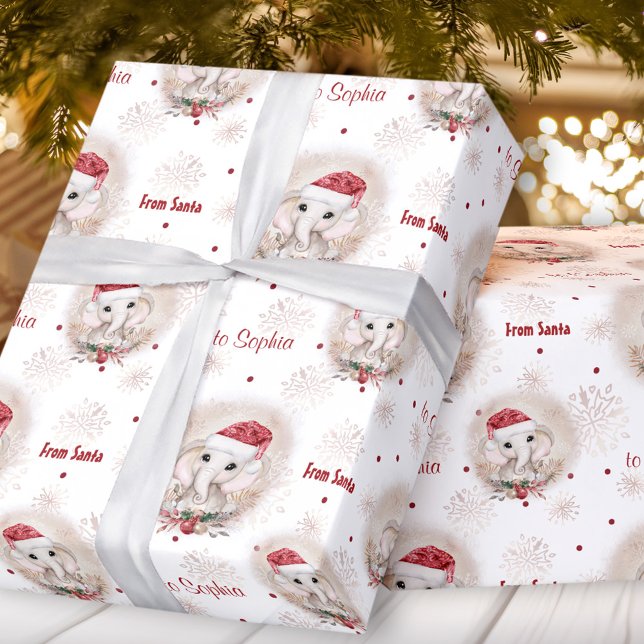 Niedlicher Santa Elephant Red White Girl Name Weih Geschenkpapier (Cute Santa Elephant Red White Girl Name Christmas Wrapping Paper)