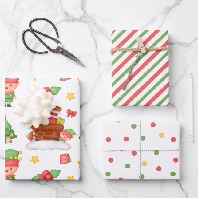 Niedlicher Santa Elf Streifen Winter Berry Weihnac Geschenkpapier Set (Vorderseite)