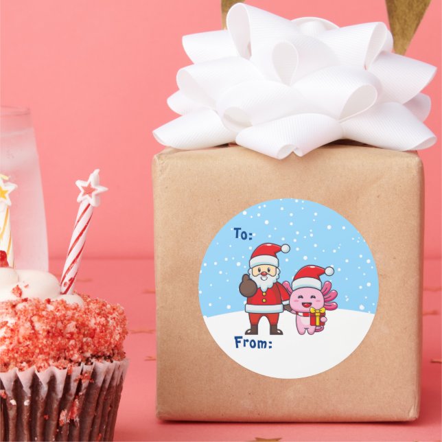 Niedlicher Santa mit Axolotl, von und nach Runder Aufkleber (Party)