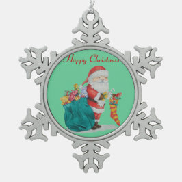 niedlicher Santa mit grünem Sack für Weihnachten Schneeflocken Zinn-Ornament