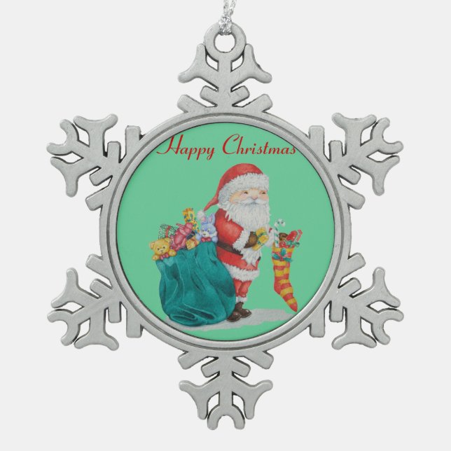 niedlicher Santa mit grünem Sack für Weihnachten Schneeflocken Zinn-Ornament (Vorderseite)