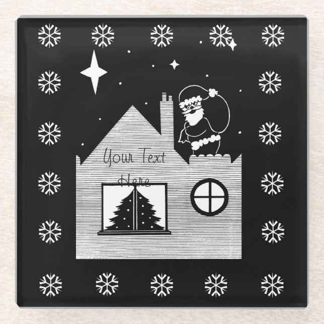 niedlicher Santa mit sackschwarz-weißem Weihnachts Glasuntersetzer (Vorderseite)
