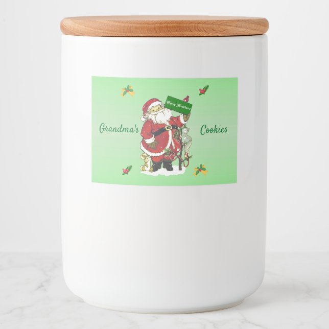 Niedlicher Santa mit Waldtieren Baum grün Lebensmitteletikett (Vorderseite)