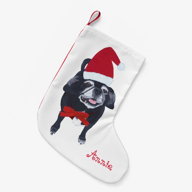 Niedlicher Santa Mops Hund Personalisiert Weihnach Kleiner Weihnachtsstrumpf (Vorderansicht (hängend))