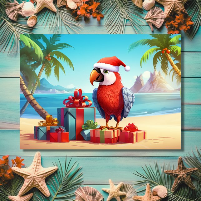 Niedlicher Santa Parrot Tropical Beach Weihnachten (Front - Cute Santa Parrot Tropical Beach Christmas Holiday Card)