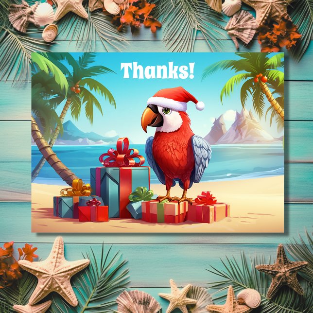 Niedlicher Santa Parrot Tropical Beach Weihnachten Dankeskarte (Front - Cute Santa Parrot Tropical Beach Christmas Thank You Card)