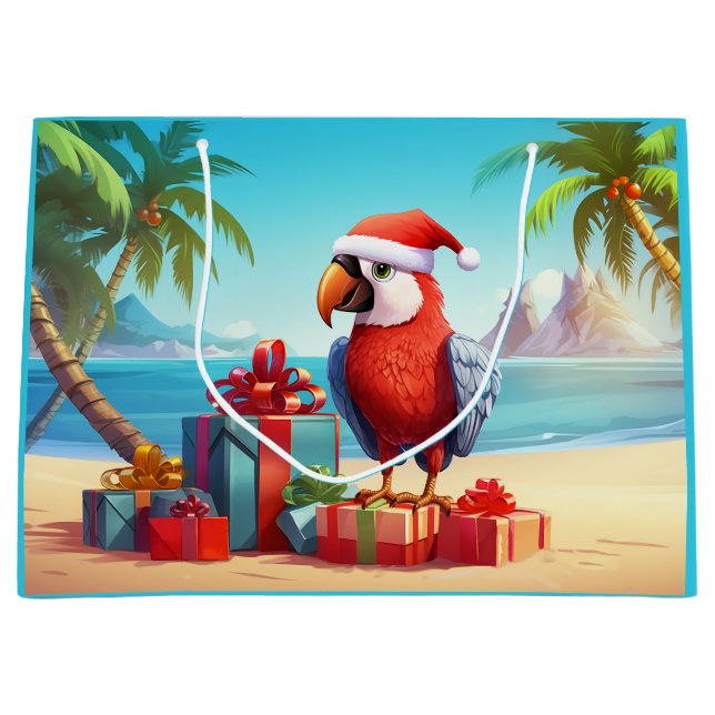 Niedlicher Santa Parrot Tropical Beach Weihnachten Große Geschenktüte (Vorderseite)