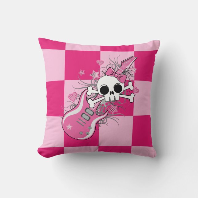 Niedlicher Schädel mit rosa Gitarre Kissen (Vorderseite)