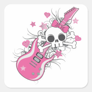 Niedlicher Schädel mit rosa Gitarre Quadratischer Aufkleber