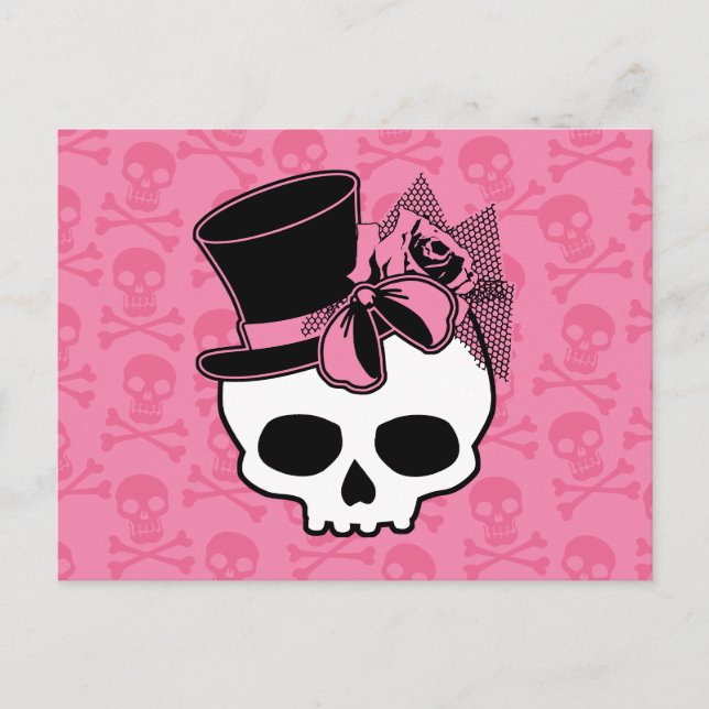 Niedlicher Schädel mit Top Hat-Rose, rosa Bow-Post Postkarte (Vorderseite)
