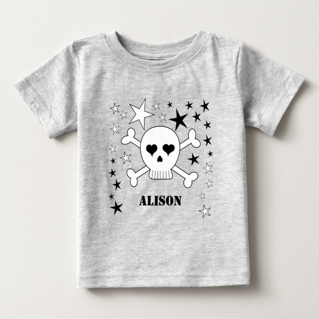 Niedlicher Schädel und Kreuzknochen mit benutzerde Baby T-shirt (Vorderseite)