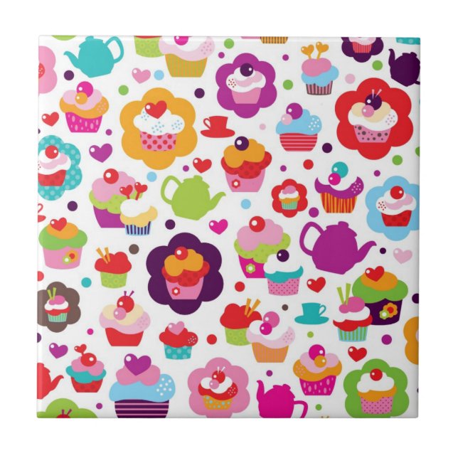 Niedlicher Schalenkuchen und Teetopf Fliese (Vorderseite)