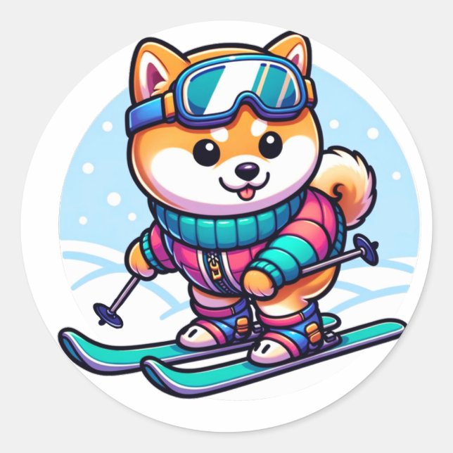Niedlicher Schihund im Winter Runder Aufkleber (Vorderseite)