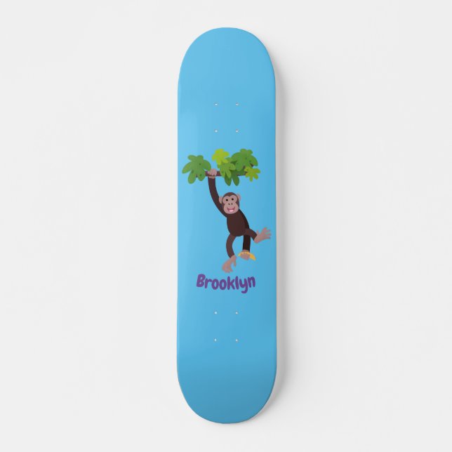 Niedlicher Schimpanse im Dschungel hängender Carto Skateboard (Vorne)
