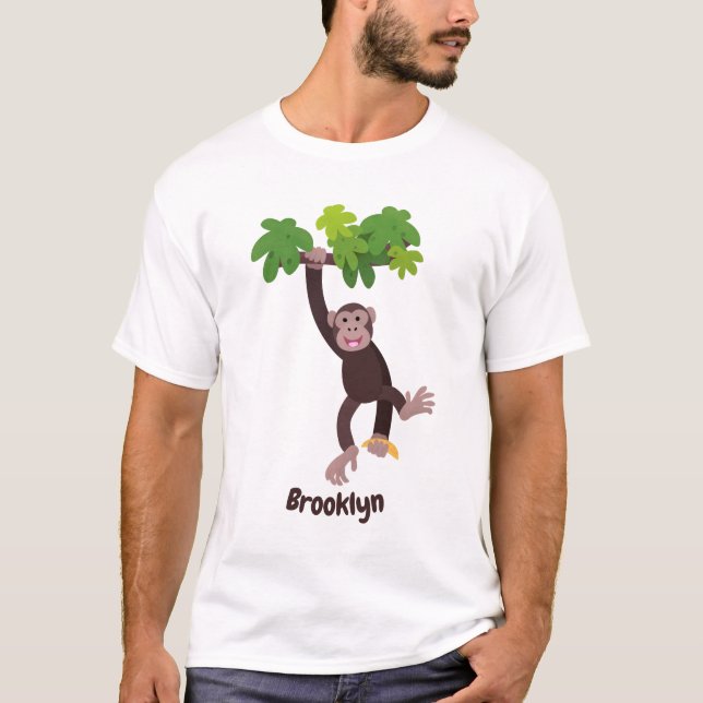 Niedlicher Schimpanse im Dschungel hängender Carto T-Shirt (Vorderseite)