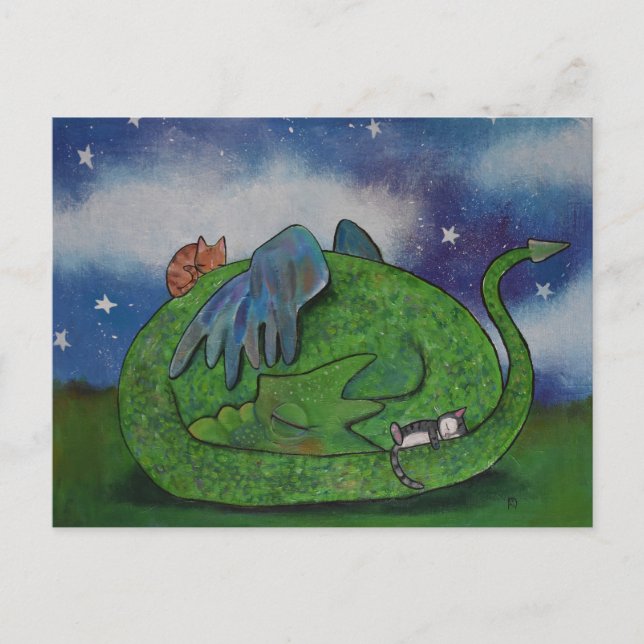 Niedlicher Schlafdrache und Katzen Postkarte (Vorderseite)