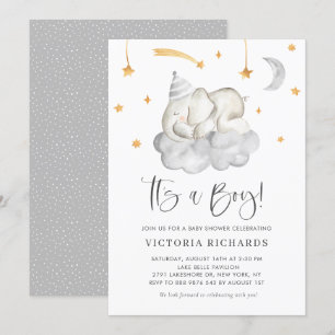 Niedlicher SchlafElefant Es ist eine Junge-Graue K Einladung