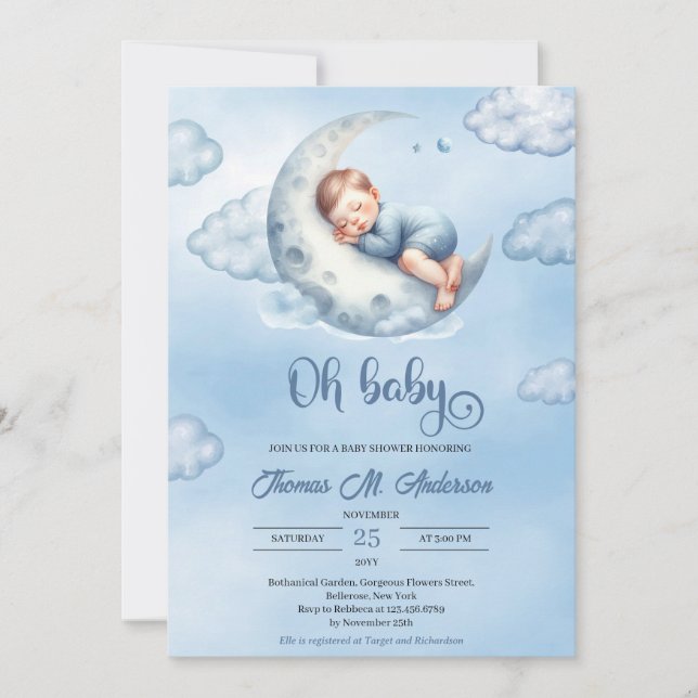 Niedlicher schlafender Junge über dem Mond Oh Baby Einladung (Vorderseite)