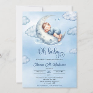 Niedlicher schlafender Junge über dem Mond Oh Baby Einladung