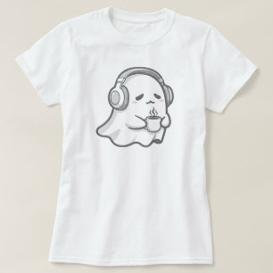 Niedlicher SchläfenGeist mit Kaffee   NUR WEISS T-Shirt
