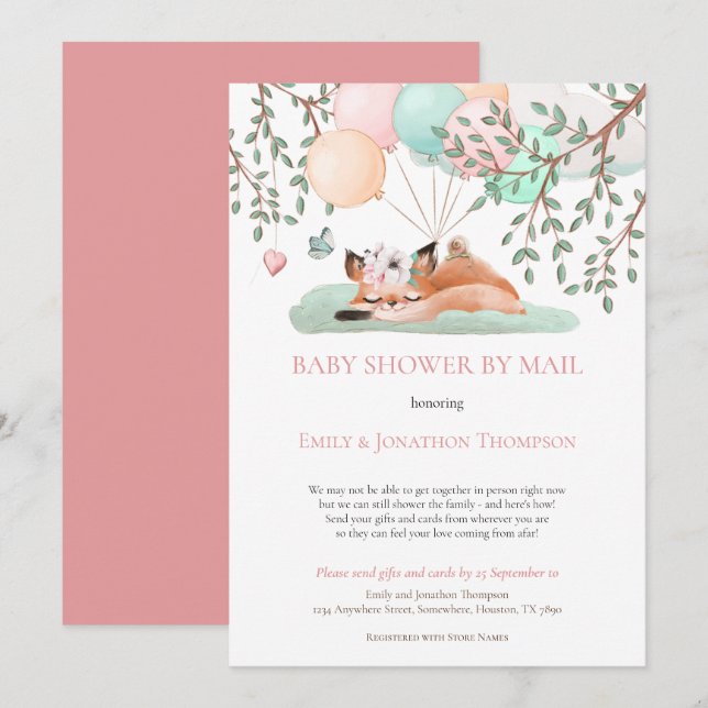 Niedlicher Schlaffox Balloons Babydusche per Mail Einladung (Vorne/Hinten)