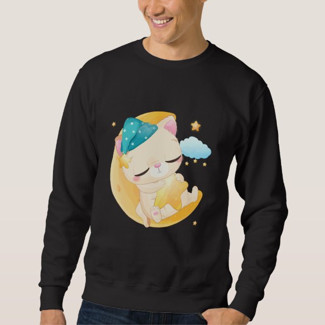 Niedlicher Schlafmond Kitten Illustration Sweatshirt (Vorderseite)