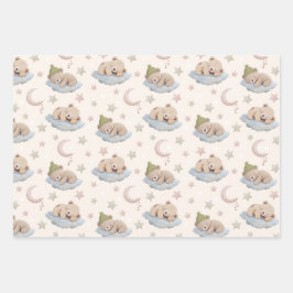 Niedlicher Schlafteddybär mit Sternen und Mond Geschenkpapier Set