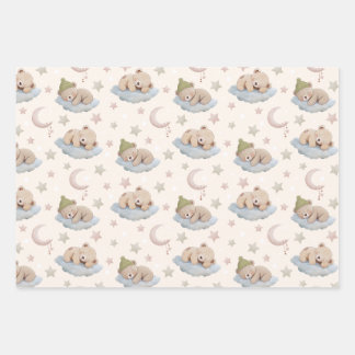 Niedlicher Schlafteddybär mit Sternen und Mond Geschenkpapier Set