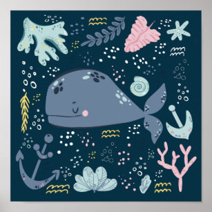 Niedlicher Schlafwal unter Wasser Doodle Poster