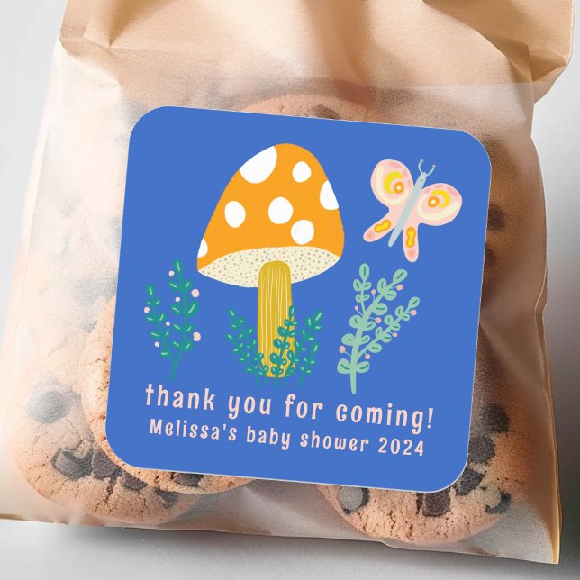 Niedlicher Schmetterling dank CUSTOM Baby Dusche Quadratischer Aufkleber (Cute Mushroom Butterfly Thanks CUSTOM Baby Shower Square Sticker
)