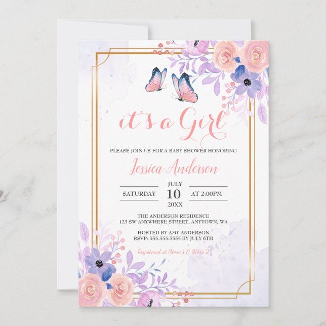 Niedlicher Schmetterling Lila Pink Floral Girl Bab Einladung (Vorderseite)
