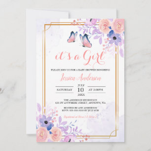 Niedlicher Schmetterling Lila Pink Floral Girl Bab Einladung