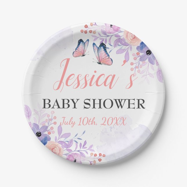 Niedlicher Schmetterling Lila Pink Floral Girl Bab Pappteller (Vorderseite)