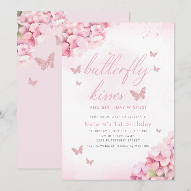 Niedlicher Schmetterling Pink Aquarell Floral 1. G Einladung (Vorne/Hinten)