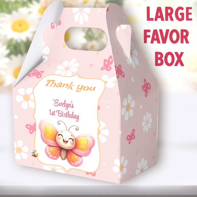 Niedlicher Schmetterling Pink Floral Girl 1. Gebur Geschenkschachtel (Cute Butterfly Large Gable Favor Boxes)