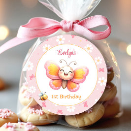 Niedlicher Schmetterling Pink Floral Girl 1. Gebur Runder Aufkleber