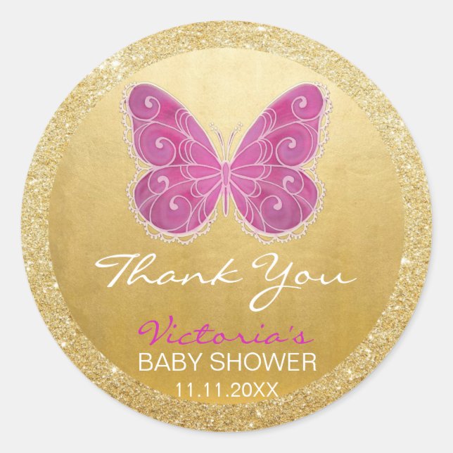 Niedlicher Schmetterling Pink Gold Glitzer Kinderd Runder Aufkleber (Vorderseite)