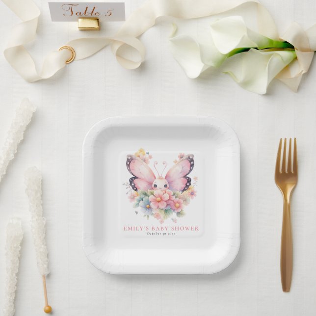 Niedlicher Schmetterling und Florals Pink Baby Dus Pappteller (Hochzeit)