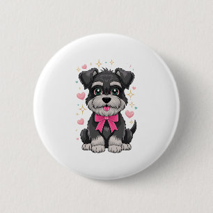 Niedlicher Schnauzer mit rosa Bow umgeben von Herz Button